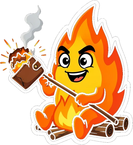the roast mascot roasting a wallet